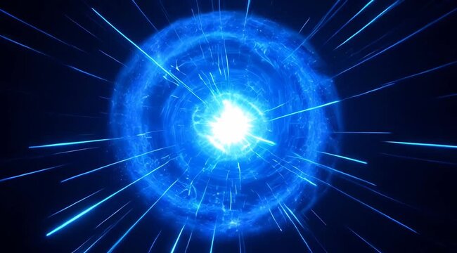 vibrant blue energy portal with radial light streaks, glowing celestial singularity, dynamic vortex, interstellar travel, science fiction background effect