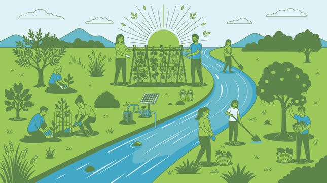 Ilustra&ccedil;&atilde;o vetorial de pessoas trabalhando em uma horta comunit&aacute;ria sustent&aacute;vel, cultivando vegetais, plantando &aacute;rvores e cuidando da natureza perto de um rio sob o sol brilhante.