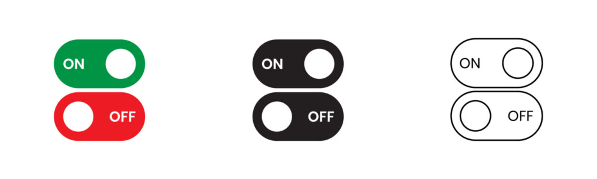 On off switch icon set. Toggle button sliders. system status settings concepts. power control state icons. active inactive indicators.