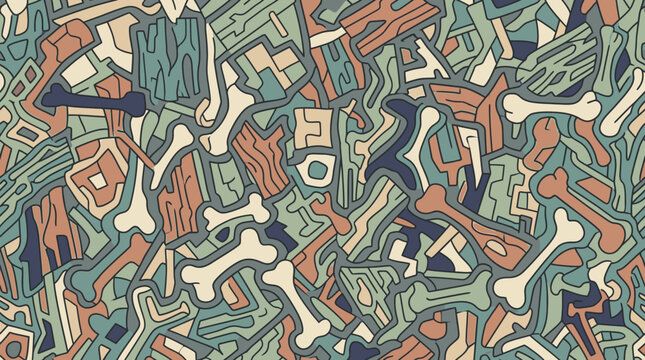Padr&atilde;o sem emenda de arte vetorial com ilustra&ccedil;&otilde;es estilizadas de ossos e formas abstratas em tons terrosos, ideal para designs criativos e fundos decorativos modernos.