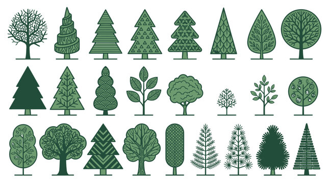 Colecci&oacute;n de iconos de &aacute;rboles estilizados con diversos dise&ntilde;os geom&eacute;tricos y formas naturales en color verde sobre fondo blanco para dise&ntilde;o gr&aacute;fico y proyectos ambientales