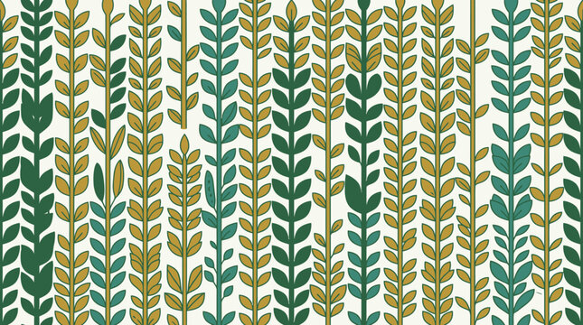 Padr&atilde;o sem emenda de ramos bot&acirc;nicos estilizados com folhas em tons de verde e ocre sobre um fundo branco, ideal para design t&ecirc;xtil, papel de parede e projetos de decora&ccedil;&atilde;o.