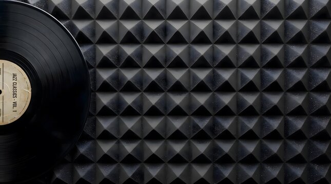 Vinyl record on acoustic soundproofing foam in a music recording studio