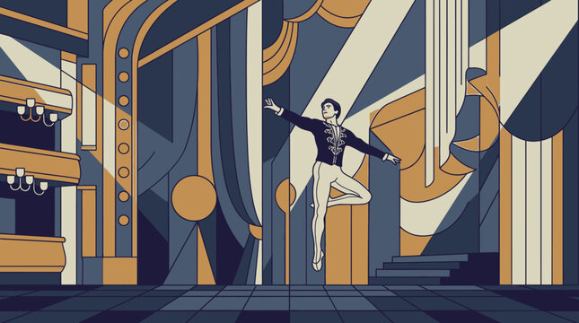 Um bailarino masculino executa um pli&eacute; gracioso no palco de um teatro art d&eacute;co com cortinas e lustres.