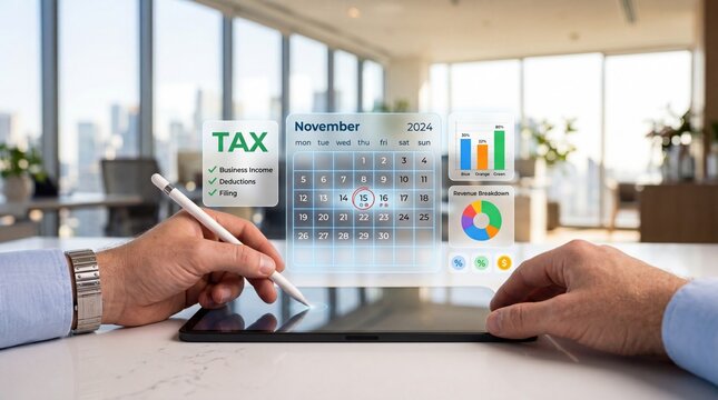 Business person using tablet for tax planning and financial management, displaying November 2024 calendar with revenue breakdown charts, business income and deductions checklist...