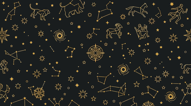 Nahtloses Muster mit goldenen Sternbildern, Tierkreiszeichen und astronomischen Symbolen auf einem dunkelgrauen Hintergrund f&uuml;r astrologische Designs und kosmische Dekorationen.