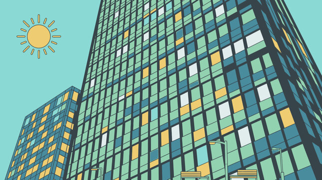 Illustration vectorielle d'un gratte-ciel moderne avec des fen&ecirc;tres color&eacute;es et un soleil stylis&eacute; dans un ciel bleu clair, repr&eacute;sentant l'architecture urbaine contemporaine.