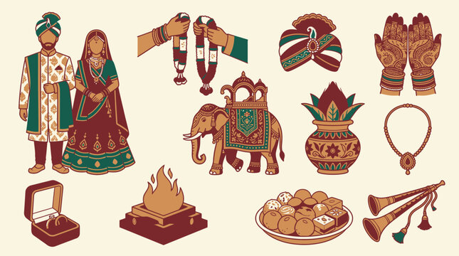 Eine Sammlung von handgezeichneten Illustrationen f&uuml;r eine traditionelle indische Hochzeit mit Brautpaar, Elefant, Mehndi-H&auml;nden, Opferfeuer, Schmuck und festlichen Symbolen.