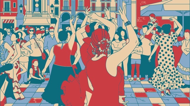 Illustration vectorielle stylis&eacute;e repr&eacute;sentant une foule anim&eacute;e dansant le flamenco sur une place publique espagnole avec des danseuses en robes traditionnelles &agrave; pois et volants.