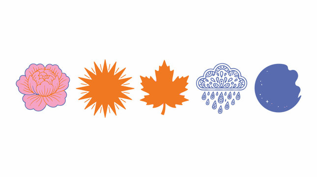Cinco iconos gr&aacute;ficos que representan una flor, el sol, una hoja de arce, una nube con lluvia y la luna.