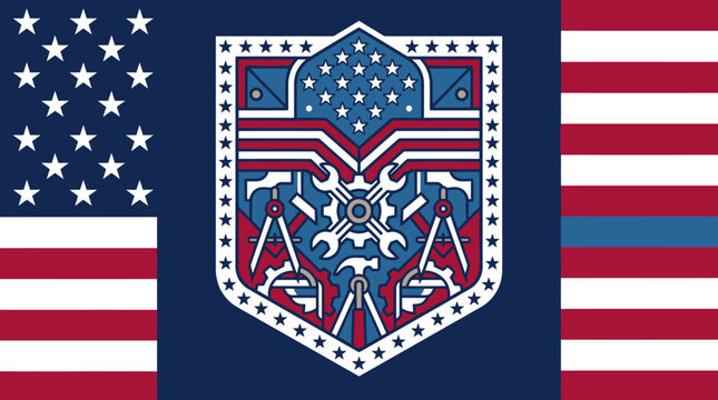 Embl&egrave;me patriotique am&eacute;ricain avec des outils de construction et des engrenages stylis&eacute;s sur un fond inspir&eacute; du drapeau des &Eacute;tats-Unis pour c&eacute;l&eacute;brer le travail et l'industrie.