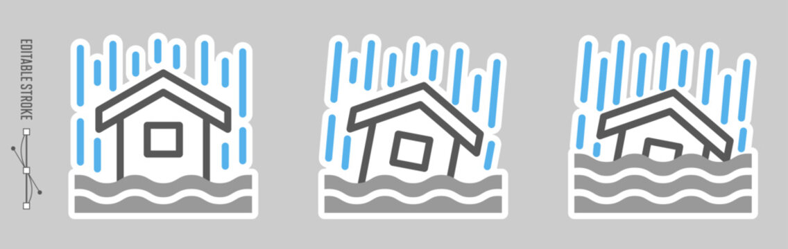 白ふち付き、アイコン・セット｜自然災害、大雨、浸水　[線の編集可能]