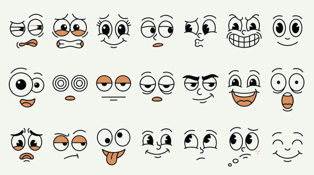 Ensemble d'expressions faciales de personnages de dessins anim&eacute;s r&eacute;tro avec des yeux et des bouches vari&eacute;s pour illustrer diff&eacute;rentes &eacute;motions et humeurs dans un style vintage
