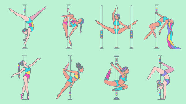 Conjunto de ilustraciones de mujeres realizando diversas posturas y acrobacias en un poste de baile, con un fondo verde p&aacute;lido.