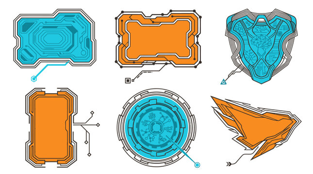 Ensemble d'&eacute;l&eacute;ments graphiques futuristes de style interface utilisateur avec des cadres technologiques, des formes g&eacute;om&eacute;triques et des d&eacute;tails de circuits &eacute;lectroniques sur fond blanc.