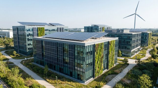 Aerial view of modern office buildings with rooftop solar panels and vertical green walls surrounded by landscaped gardens and wind turbine in background, eco-friendly architect...