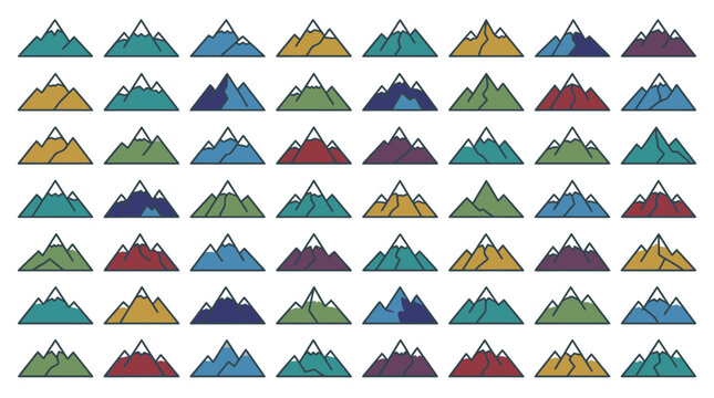 Uma cole&ccedil;&atilde;o de &iacute;cones de montanhas estilizadas e coloridas com picos nevados, dispostas em um padr&atilde;o de grade sobre um fundo branco, ideal para design gr&aacute;fico e web.
