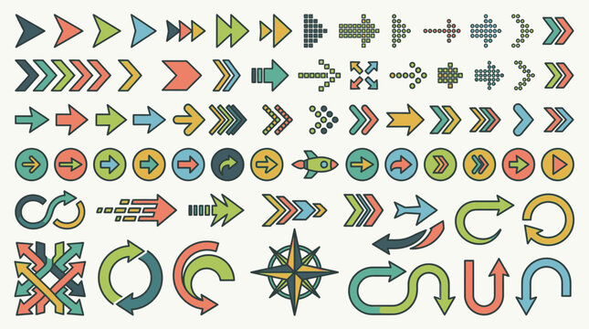 Uma cole&ccedil;&atilde;o vibrante e diversificada de setas e &iacute;cones de dire&ccedil;&atilde;o em estilo retro, perfeitos para navega&ccedil;&atilde;o e design gr&aacute;fico.
