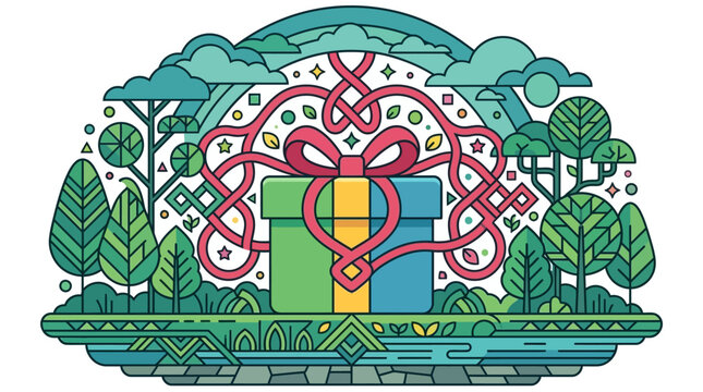 Ilustra&ccedil;&atilde;o vetorial estilizada de um presente colorido centralizado em uma paisagem florestal com &aacute;rvores geom&eacute;tricas, la&ccedil;o decorativo e elementos naturais em um design plano e moderno.