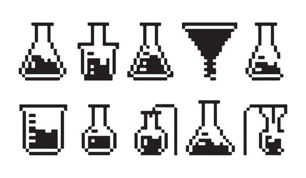 Pixel art chemistry flasks and laboratory equipment set for retro game design.