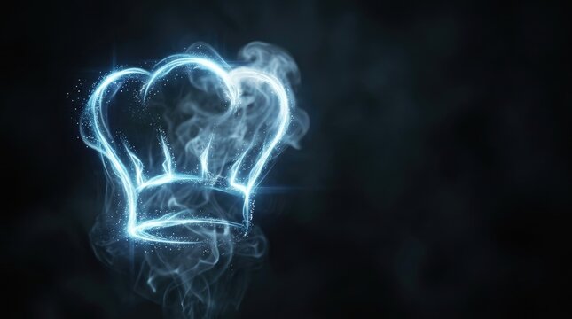 A chef's hat is formed from glowing blue flames and smoke against a dark background. The hat appears to be illuminated from within, creating a dramatic and ethereal effect.