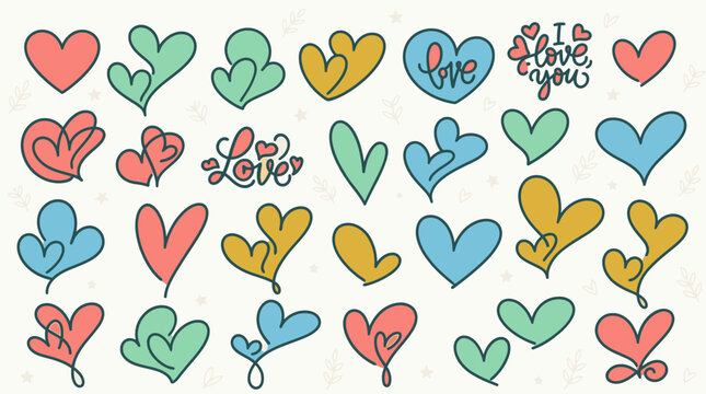 Conjunto de &iacute;cones de cora&ccedil;&otilde;es desenhados &agrave; m&atilde;o em estilo doodle colorido, apresentando formas variadas e letras rom&acirc;nticas para designs de dia dos namorados e projetos criativos.