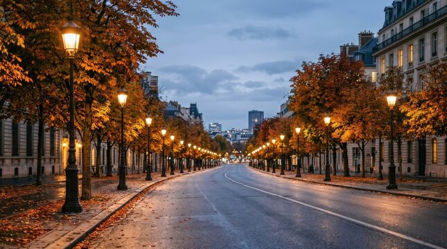 Golden lamplight illuminates a wide Parisian boulevard lined with trees. The street is wet, reflecting the warm glow of the streetlights.