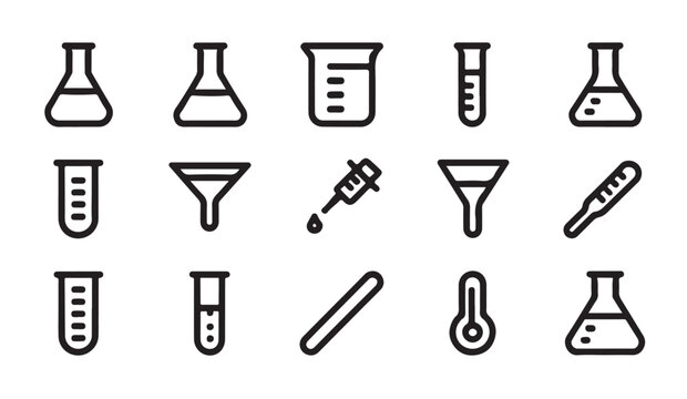 Chemistry outline icons set including erlenmeyer flask thermometer funnel and test tube.