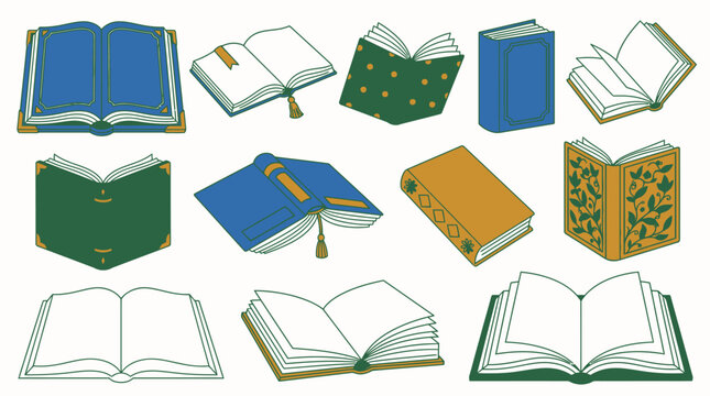 Eine Sammlung von illustrierten B&uuml;chern in verschiedenen Stilen, darunter offene und geschlossene Hardcover-B&uuml;cher mit dekorativen Einb&auml;nden und Lesezeichen auf wei&szlig;em Hintergrund.