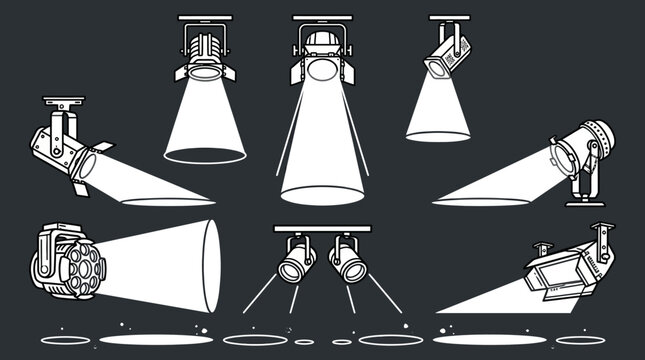 Ensemble d'ic&ocirc;nes vectorielles de projecteurs de sc&egrave;ne et de spots d'&eacute;clairage professionnel avec faisceaux lumineux sur fond sombre pour le design graphique et la production audiovisuelle.
