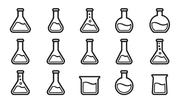 Erlenmeyer flask and beaker outline icons set for chemical laboratory research projects.
