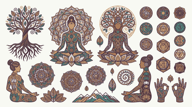 Ilustra&ccedil;&otilde;es de yoga e medita&ccedil;&atilde;o com elementos espirituais e natureza, como &aacute;rvores da vida e mandalas.