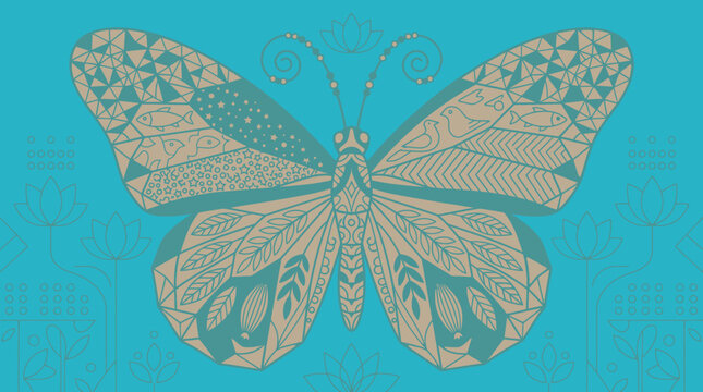 Ein kunstvoller Schmetterling mit detaillierten geometrischen Mustern und floralen Elementen auf einem t&uuml;rkisfarbenen Hintergrund f&uuml;r kreative Designprojekte.