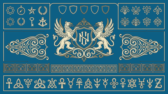 Elegante colecci&oacute;n de elementos her&aacute;ldicos dorados con un escudo central de grifos, bordes ornamentales y s&iacute;mbolos antiguos sobre fondo azul, perfecta para dise&ntilde;os de lujo y estilo vintage.