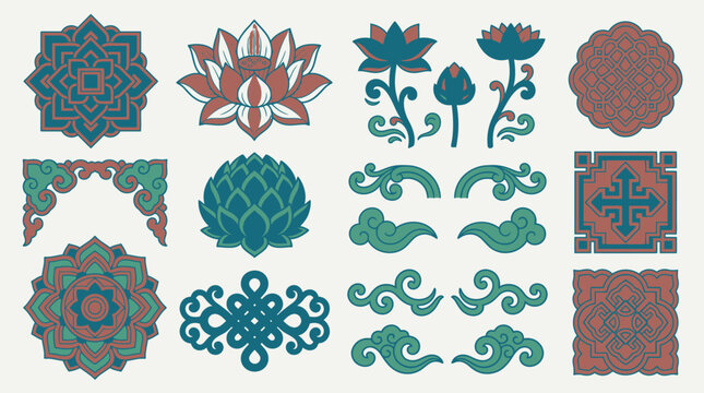 Eine Sammlung von traditionellen asiatischen Ornamenten und floralen Mustern im flachen Vektorstil mit Lotusbl&uuml;ten, dekorativen Wolken und geometrischen quadratischen Symbolen.
