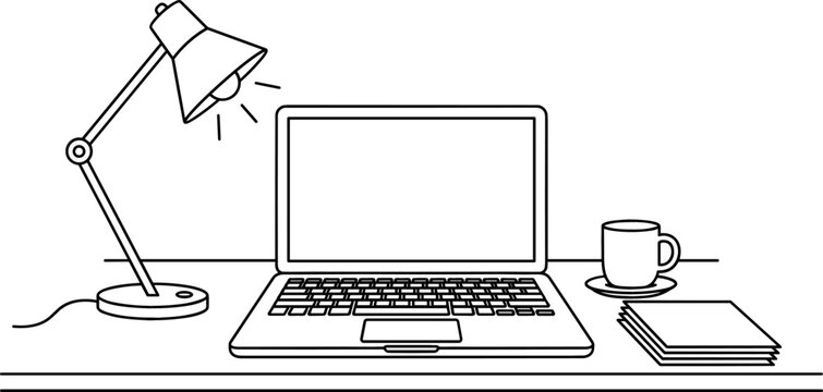 Minimalist Workspace Desk Illustration Set Featuring Open Laptop Computer Desk Lamp Coffee Mug and Notebook Line Art Vector for Home Office Corporate Business Concepts