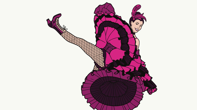 Une danseuse de cabaret ex&eacute;cute un mouvement de french cancan avec une jambe lev&eacute;e, v&ecirc;tue d'une robe froufrou rose et noire.