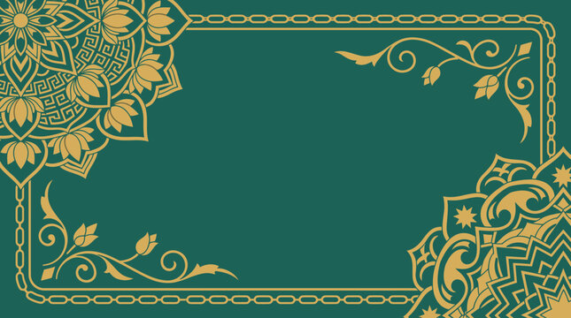 Cadre d&eacute;coratif de style mandala avec des motifs floraux dor&eacute;s sur fond vert sarcelle, id&eacute;al pour les invitations et les cartes.