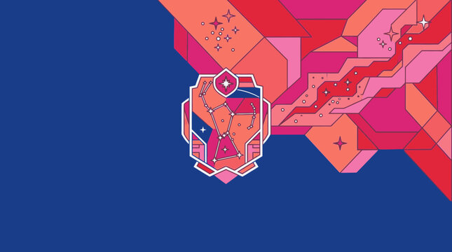 Dise&ntilde;o gr&aacute;fico abstracto y moderno con intrincadas formas geom&eacute;tricas interconectadas en colores vibrantes, presentando un emblema central y espacio para texto.