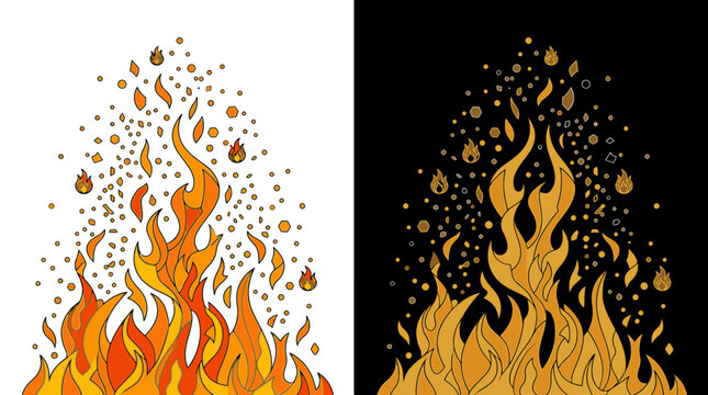 Stilisierte Flammen und Feuer-Illustrationen mit aufsteigenden Funken, dargestellt in einer farbigen und einer monochromen goldenen Version auf wei&szlig;em und schwarzem Hintergrund.