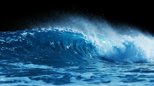 Powerful blue ocean wave breaking with white foam isolated on black background