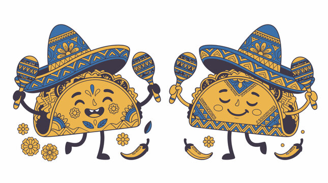 Zwei niedliche, tanzende Taco-Charaktere mit Sombreros und Maracas im Cartoon-Stil, die fr&ouml;hlich mexikanische Kultur und festliche Stimmung auf wei&szlig;em Hintergrund repr&auml;sentieren.