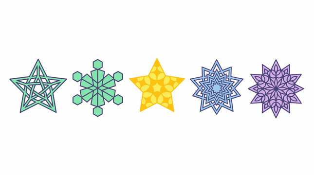 Eine Reihe von f&uuml;nf farbenfrohen, geometrischen Stern- und Schneeflocken-Symbolen mit komplexen Mustern, isoliert auf einem wei&szlig;en Hintergrund f&uuml;r festliche Grafikdesigns.