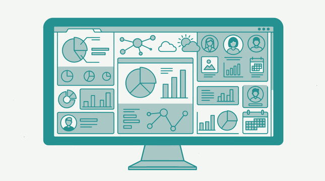 Ein moderner Computerbildschirm zeigt ein detailliertes Dashboard mit verschiedenen Datenvisualisierungen, Diagrammen, Grafiken und Benutzerprofilen in einem flachen, gr&uuml;nen Grafikdesign-Stil.