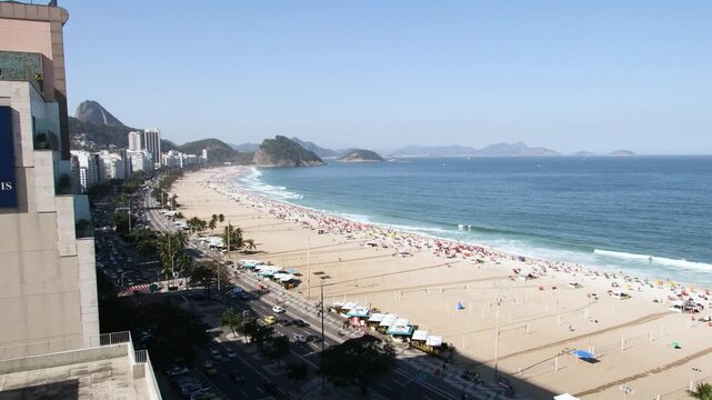 High angle shot of Copacabana Beach coastline in Rio de Janeiro, Brazil during daytime