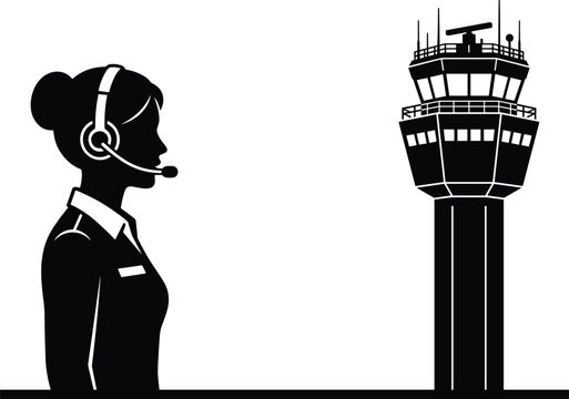 Female air traffic controller wearing headset next to an airport control tower building silhouette vector illustration