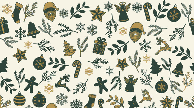 Nahtloses Muster mit weihnachtlichen Symbolen wie Tannenb&auml;umen, Geschenken, Schneeflocken und Rentieren in einer eleganten Farbpalette aus Dunkelgr&uuml;n, Gold und Creme f&uuml;r festliche Designs.