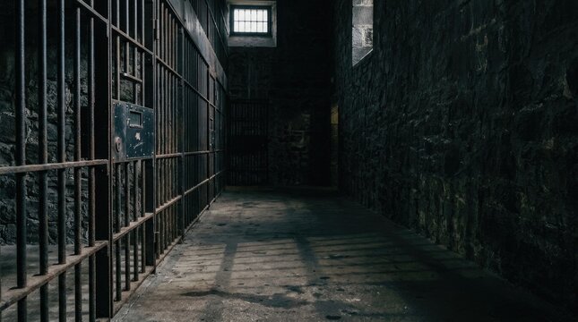 A dark, imposing prison corridor stretches into the distance. A barred window illuminates a narrow stone passage.