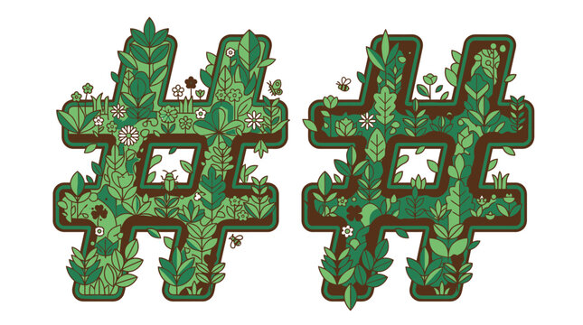 Dos s&iacute;mbolos de hashtag verdes adornados con una exuberante variedad de plantas y hojas, representando la conexi&oacute;n entre la naturaleza y las redes sociales.