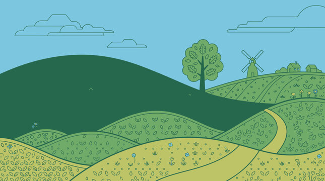 Eine flache Vektorillustration einer friedlichen l&auml;ndlichen Landschaft mit sanften gr&uuml;nen H&uuml;geln, einem einzelnen Baum, einer Windm&uuml;hle und einem gewundenen Pfad unter einem blauen Himmel.